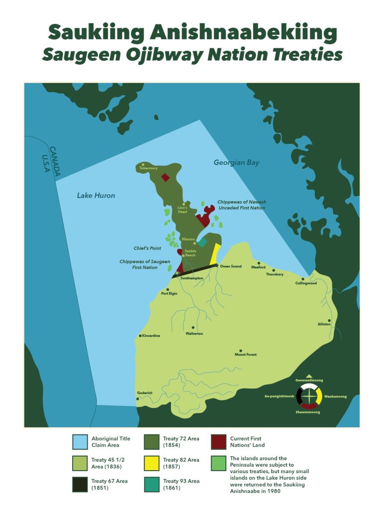 Map showing Traditional Territory of the Saukiing Anishnaabekiing Saugeen Ojibway Nation Treaties.