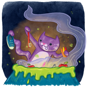 Cat adding items to a cauldron. Decorative image.