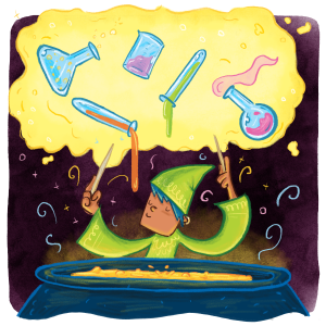 wizard making potions. decorative image.